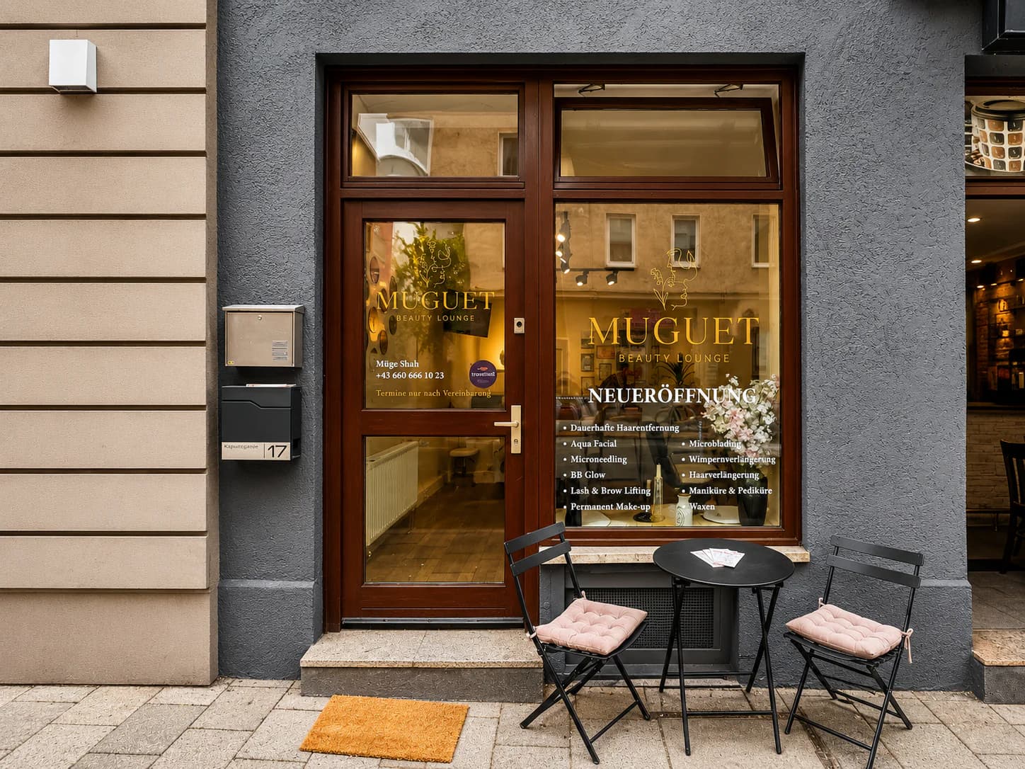 Ladenfront der Muguet Beauty Lounge in der Kapuzinerstraße 17